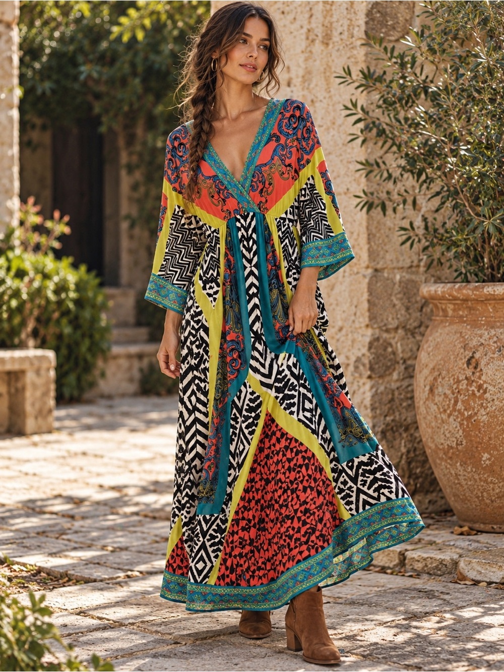 Flying Tomato Boho Patchwork Maxi Dress S Bell Sleeve Geometric Print